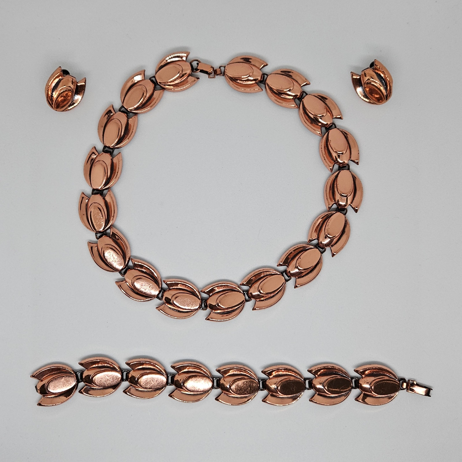 Vintage Renoir Matisse Copper Tulip Necklace Bracelet Earrings Mid Century Set 127$